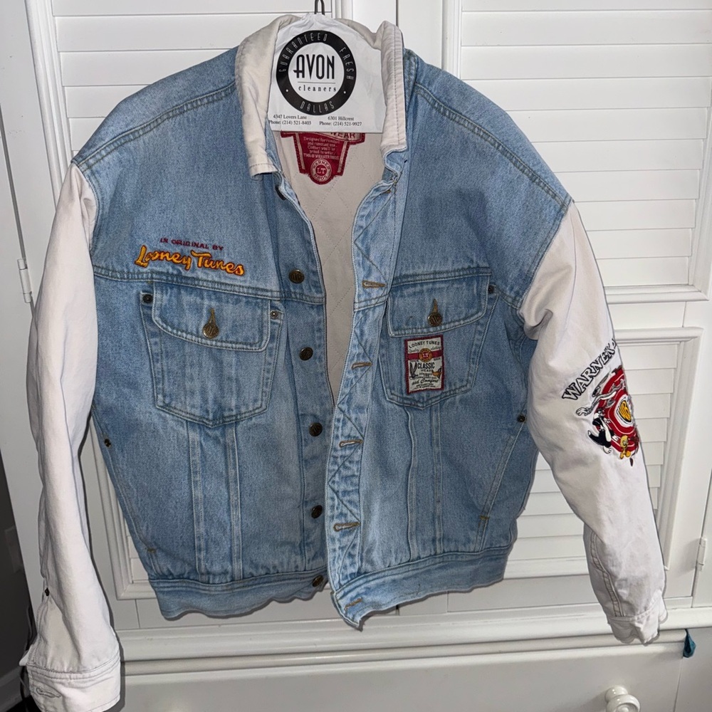 Vintage Warner Bros Looney Tunes Denim Jacket Quilted Lined White Blue Size L